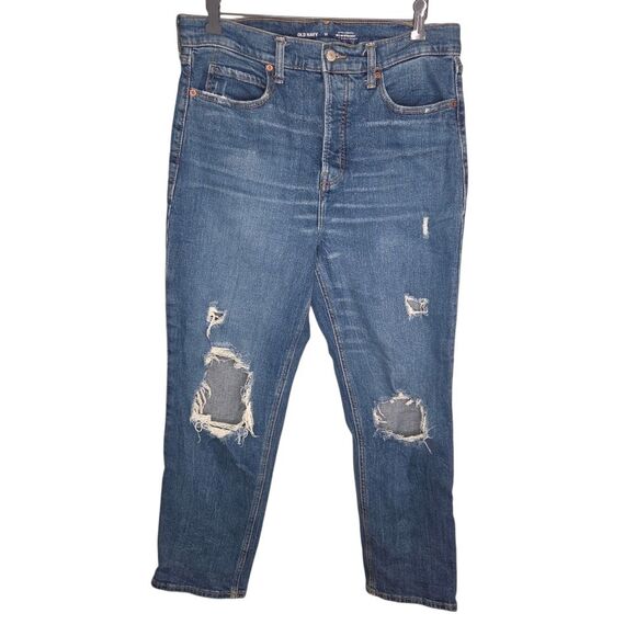 Old Navy Extra High-Waisted Sky-Hi Straight Button-Fly Ripped Jeans Size 14 - Picture 1 of 7